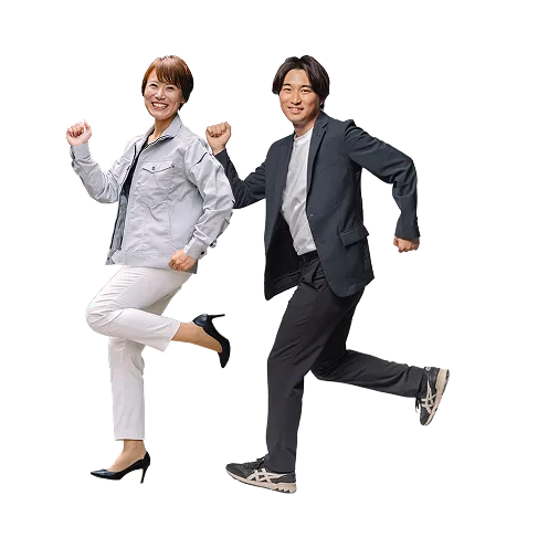 元気に笑顔で走るポーズをするレオズランド代表とスタッフ